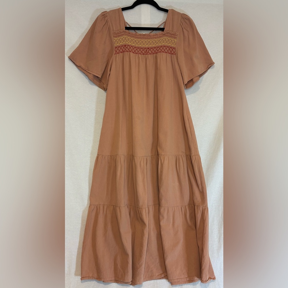 Love Kuza Tiered Maxi Dress Smocked Stitched Bodice Short Sleeve Women’s Size S